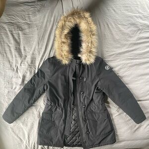 American Eagle Women's Black Hooded Jacket with Faux Fur Trim